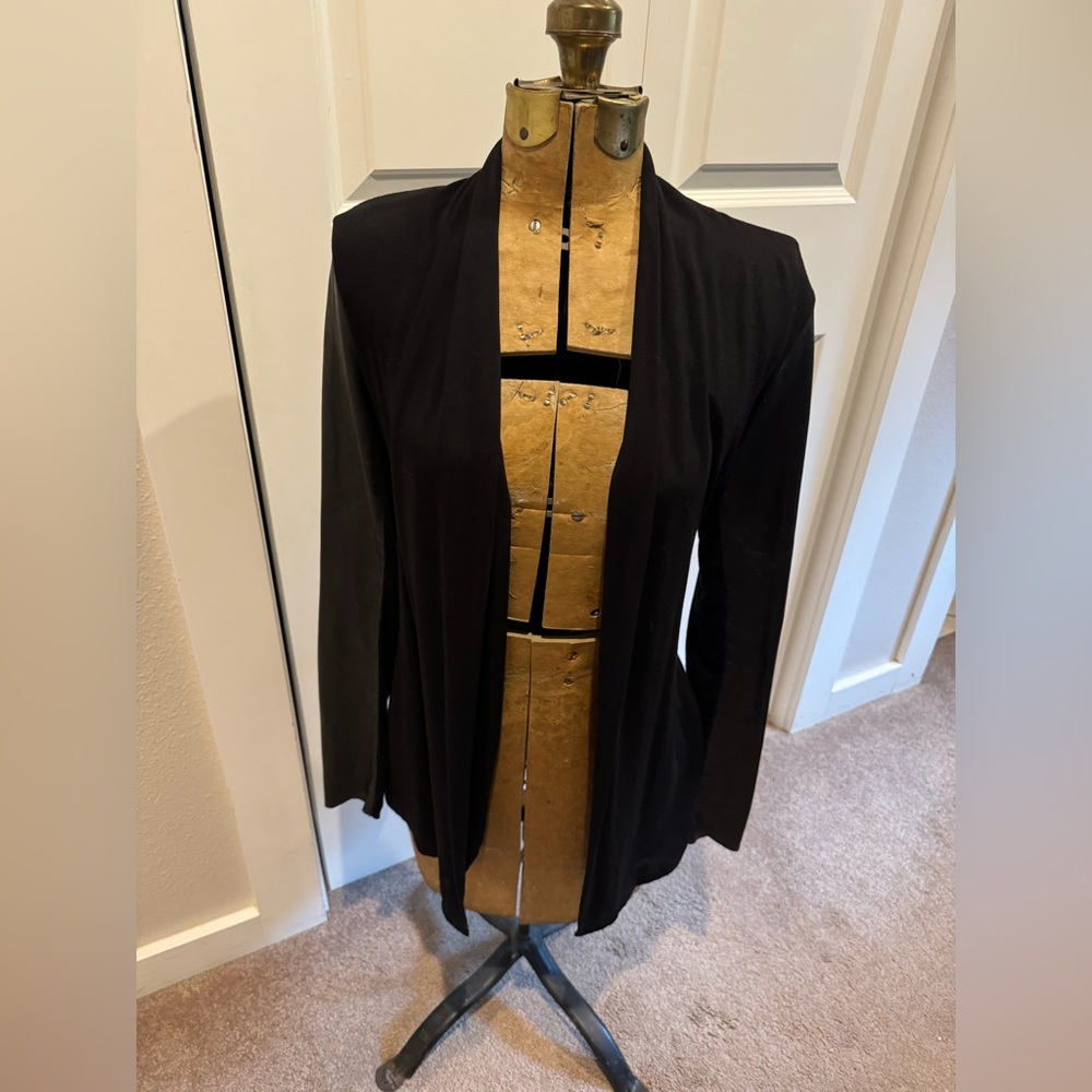 Danier Leather Black Open Front Jacket with Italian Leather Sleeves.